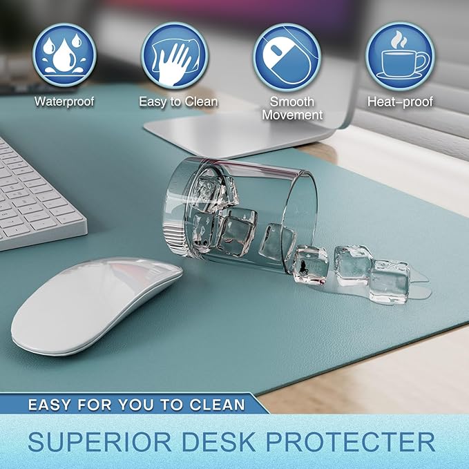 K KNODEL Leather Desk Pad Protector, Office Desk Mat, Large PVC Leather Desk Blotter, Non-Slip Mouse Pad (Sky Blue, 17" x 35.4")