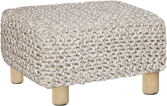 COTTON CRAFT Tweed Braided Footrest - Handknitted Dori Foot Stool with Sturdy Wood Legs – Boho Leg Rest - Small Spaces Under Desk Living Room Entryway Low Footstool Pouf -16.5x12x9.5- Ivory Natural
