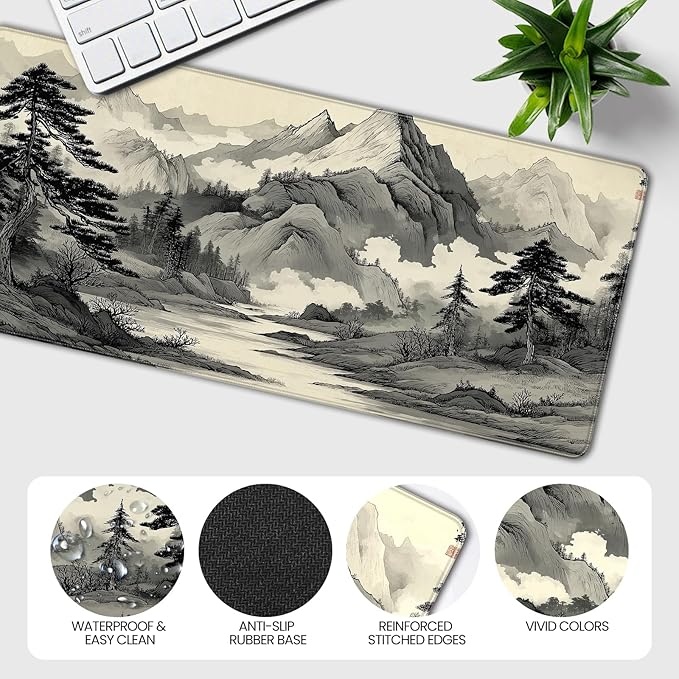 35.4 x 15.7 Inches Chinese Ink Painting Mountain Landscape Gaming Mouse Pad, XXLExtended Desk Mat with Non-Slip Rubber Base