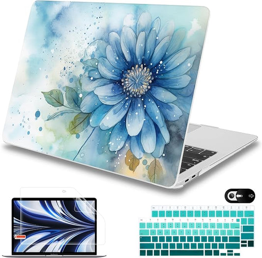 Mektron Case for MacBook Air 13 inch M1 A2337 A2179 A1932,Hard Cover 2018-2021 Air 13-inch with Touch ID, Exclusively Designed Protective Shell with Screen Protector,Watercolor Blue Flower