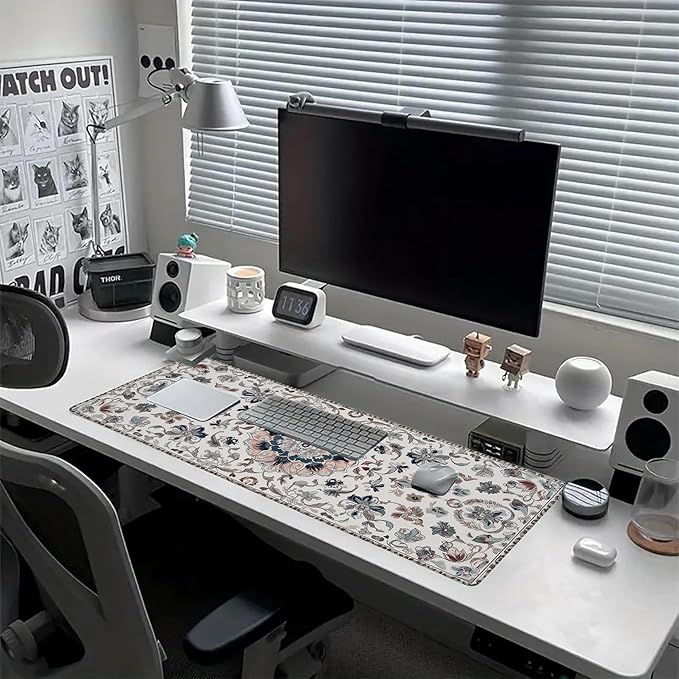 Desk Pad Gray Boho Floral Desk Mat for Keyboard and Mouse, Large XXL Gaming Mouse Pad with Stitched Edges for Work Game Office, 35.43 x 15.75 in