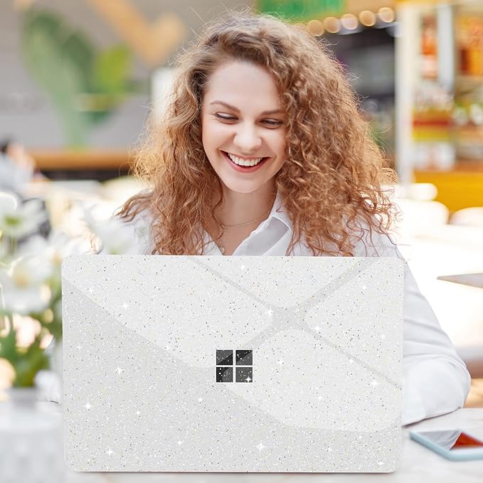 G JGOO Compatible with 13.8 inch Microsoft Surface Laptop 7 Case Touchscreen 2024 (7th Edition) Model 2036, Clear Glitter Plastic Hard Shell Case + Keyboard Cover + 50 Pcs Laptop Stickers, Sparkly