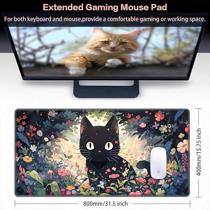 Canjoy Cute Black Cats Anime Mouse pad, 31.5x15.7inch Kawaii Computer Keyboard Mat Extended Large Gaming Mouse Pad with Non-Slip Rubber Base