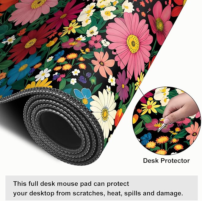 Mouse Pad, Large Anti-Slip with Stitched Edges Desk Mat Desktop Laptop Computer Desk Keyboard Mat,Table Protector Blotter Mat (Flower, 31.5" x 11.8")
