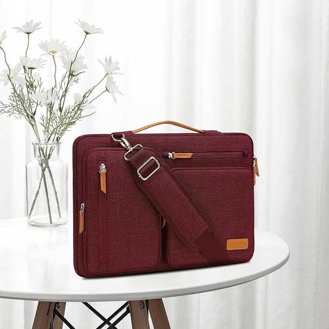 MOSISO 360 Protective Laptop Shoulder Bag,15 inch Computer Bag Compatible with MacBook Air 15 inch M5 M4 M3 M2/Pro 15, Dell XPS Plus,Side Open Messenger Bag with 4 Zipper Pockets&Handle, Wine Red