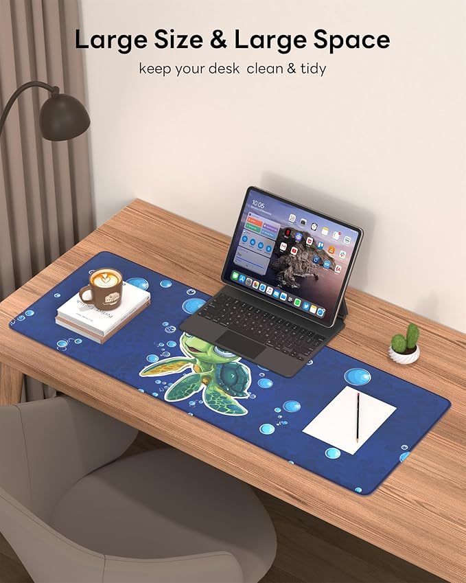 Turtle Mouse Pad, 31.5 x 11.8 Large Desk Mat with Stitched Edges & Non-Slip Base, Mousepad for Office, Home, Work, Cute Turtle