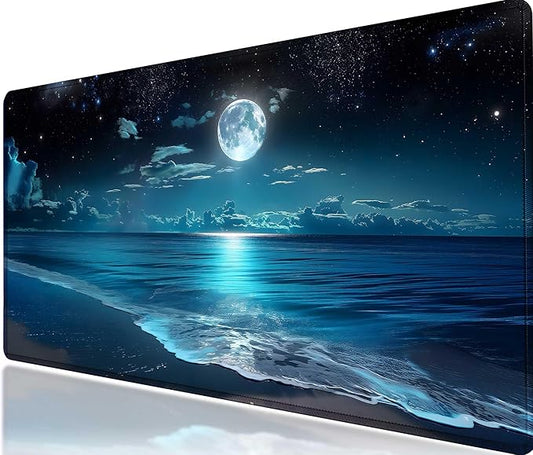 Moon Illuminating The Clear Blue Ocean Design Large Mouse pad,Large Extended Gaming Mouse Pad with Stitched Edges,Non-Slip Natural Rubber Base,Waterproof Computer Mouse Pad Keyboard Mat