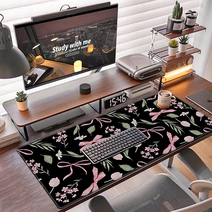 Baziabbo Black Desk Mat,XXL Extended Large Mouse Pad,Cute Gaming Mousepad with Stitched Edge,Non-Slip Rubber Base Keyboard Desk Pad for Home Office Study Game