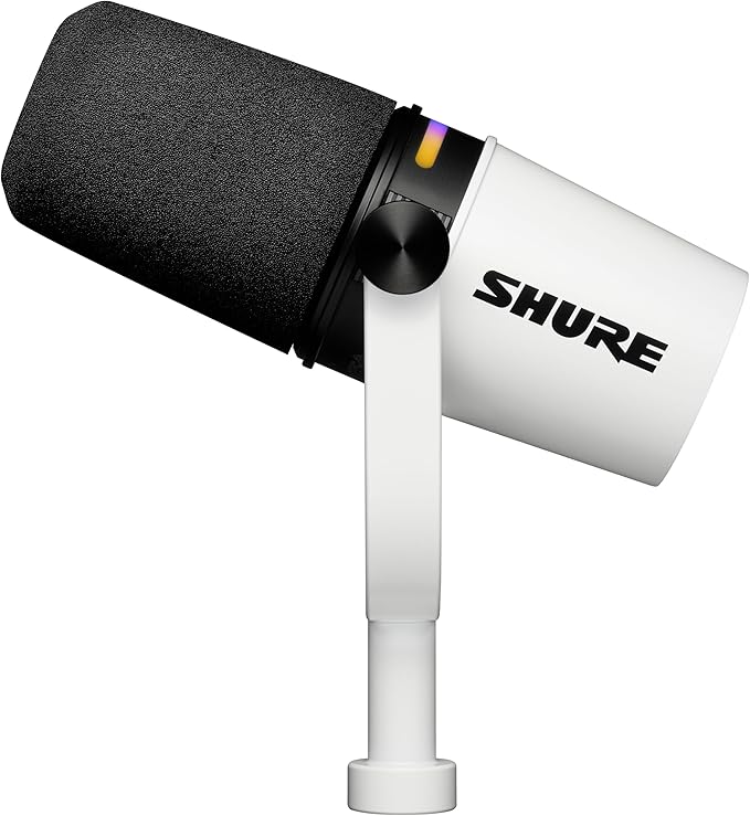 Shure MV7+ Podcast Dynamic Microphone – OBS Certified, Enhanced Audio, LED Panel, USB-C & XLR Outputs, Auto Level Mode, Digital Pop Filter, Reverb Effects – For Podcasting, Streaming, Recording, White