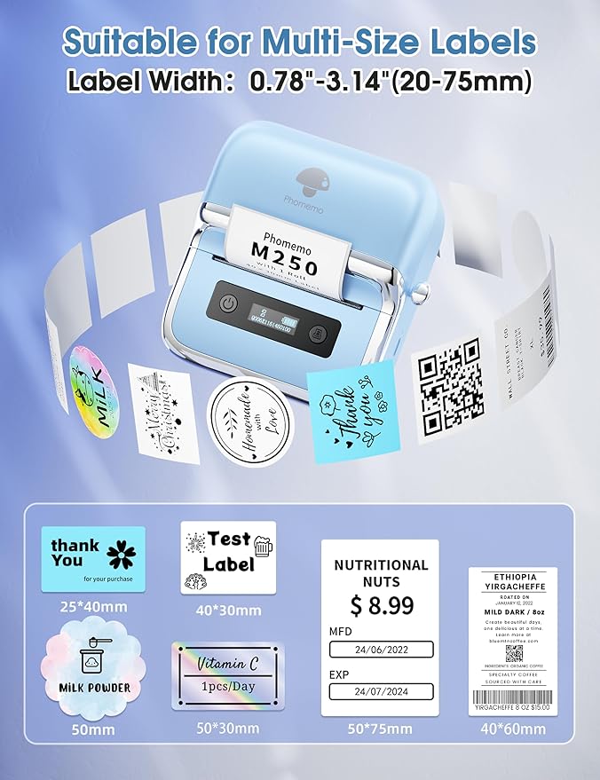 Phomemo M250 Label Maker, 3" Thermal Barcode & Address Printer - Portable Label Maker for School, Business, Home & Logos, Sticker Printer Compatible with Phones & PCs, with 100 Labels, 40x30mm