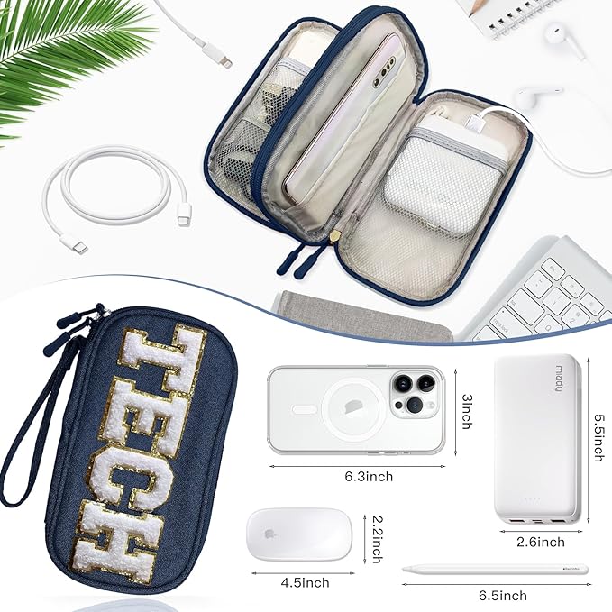 COSHAYSOO Small Electronics Organizer Bag with Chenille Letter Patch for Women Travel Gift, Cord Charger Cable Traveling Accessory Pouch Essential Supply Storage Case (Navy Blue)