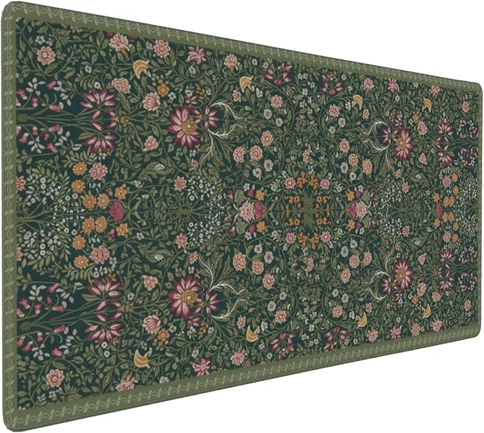 Dark Green Floral XXL Desk Mat, Extra Large Mouse Pad with Anti-Slip Base & Stitched Edges for Women, Aesthetic Desk Pad for Home Office Computer, Keyboard Mat Office Supplies Decor