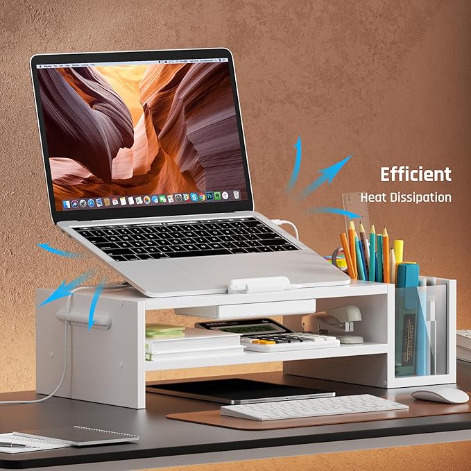 AFOOYO Adjustable Wood Laptop Stand, Ergonomic Height & Angle Computer Riser with Pen Holder – Compatible with MacBook Air/Pro, Dell, HP, Lenovo & 10-17.3" Notebooks – White