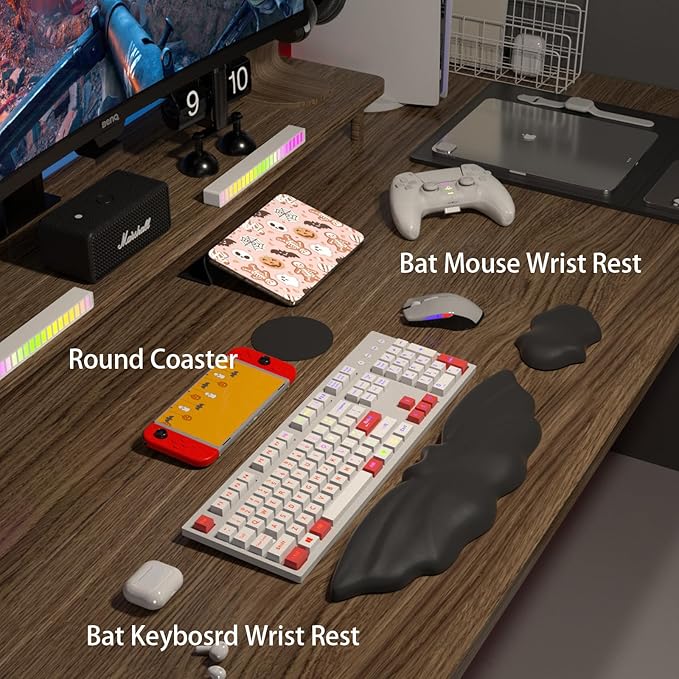 Keyboard Wrist Rest - Soft Leather Halloween Bat Wrist Pad for Mouse Wrist Rest with Non-Slip Base, Wrist Pad for Keyboard,Arm Rest for Desk Computer Laptop Mac Gaming Office Black