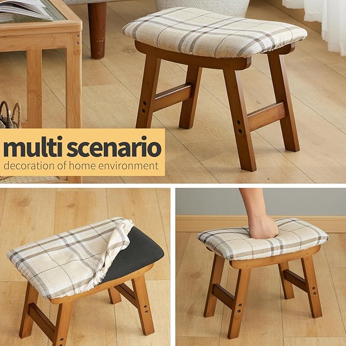 Foot Stool Ottoman Foot Rest Under Desk,Small Stool for Living Room, Bedroom and Kitchen (Brown Legs - Stripes Stool Surface)