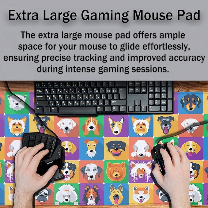 Keyboard Mats Dogs Full Mouse Mat, Desk Mouse Pad Extra Large Mouse Pads, Oversized Mousepad Non-Slip Rubber Base Waterproof with Stitched Edges, 35.4 X 15.7 inch for Work/Game/Office/Home