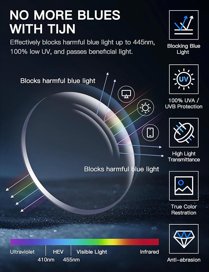 TIJN Blue Light Blocking Glasses, Anti Eyestrain UV Protection, TR90 Square Frame Glasses Chic Preppy Look for Women and Men