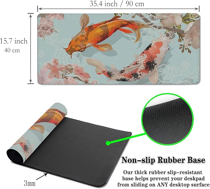 XXL Mouse Pad, Gaming Mousepads Desktop Mats, Extra Large Desk Pad Non-Slip Rubber Base Waterproof with Stitched Edges, 35.4 X 15.7 inch for Work/Game/Office/Home Japanese Traditional Fish