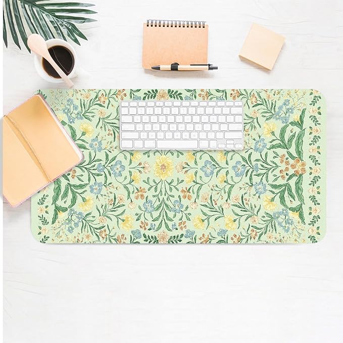Large Mouse Pad, Green Flowers Desk Mat for Desktop, Women Girls Flowers PU Leather Waterproof Desk Pad, Computer PC Laptop Protector Gaming Mouse Pads for School Office Home 31.5" x 15.7"