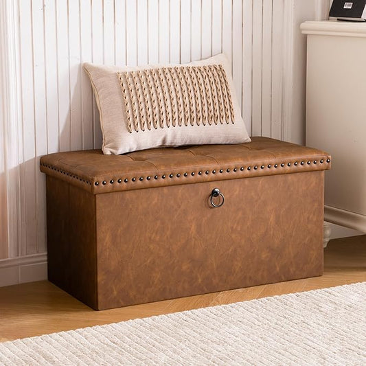 oakvivo 30 Inches Folding Storage Ottoman Bench, Ottoman PU Leather Tuffed End of Bed Bench, Foot Rest with Rivet Design, Ottoman with Storage, Load 330 lb, for Living Room, Bedroom, Entryway, Brown