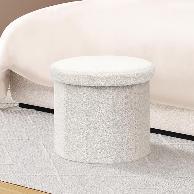 B FSOBEIIALEO Storage Ottoman Cube, Round Ottomans with Storage Foot Stool Footrest for Lving Room, Boucle Ottoman Seat for Dorm Room,Faux Teddy Fur, White 15"x15"x13.19"