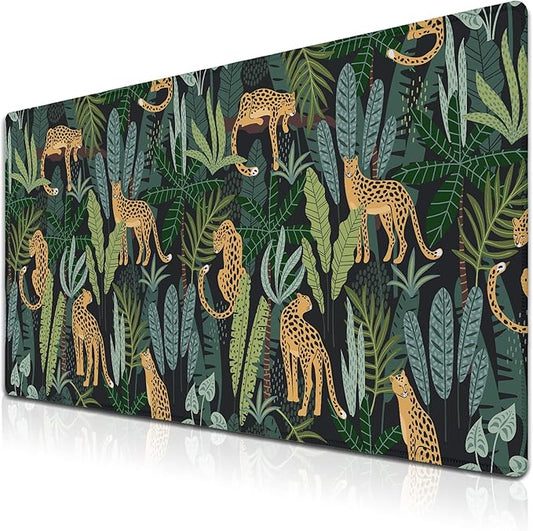 Extra Large Mouse Pad Yellow Green Office Desk Mats Gaming Mousepad Ga Mouse Pad Non-Slip Rubber Base Waterproof with Stitched Edges 35.4" X 15.7" for Game Office, Tropical Leaves