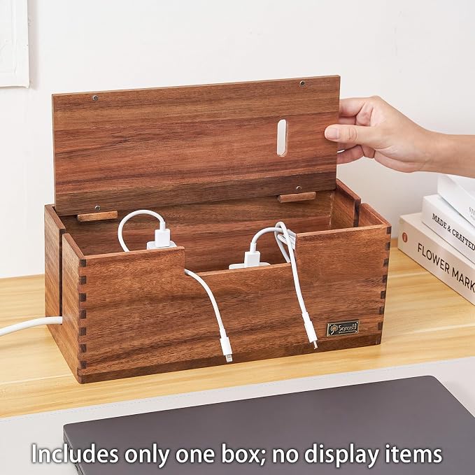 Cable Management Box, Acacia Wood Cord Hider Organizer for Power Strips, TV, Desk & Floor Wires, Under Desk Cable Storage Box for Office & Home - Image 5