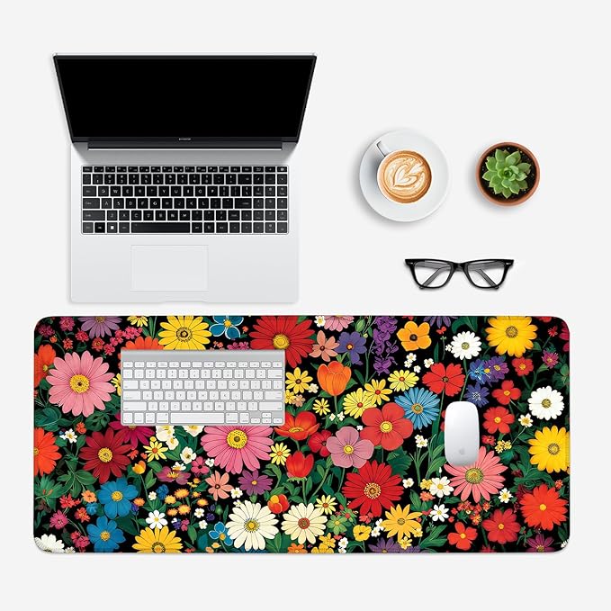 Mouse Pad, Large Anti-Slip with Stitched Edges Desk Mat Desktop Laptop Computer Desk Keyboard Mat,Table Protector Blotter Mat (Flower, 35.4" x 15.7")