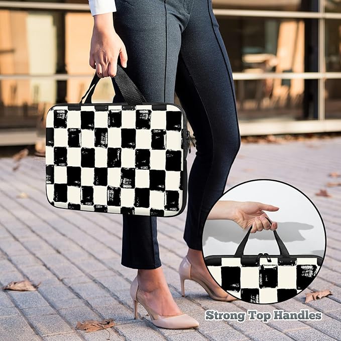 Universal Laptop Sleeve Tablet Case 12 inch, Black and White Checkered Slim Carrying Case Durable Handbag Travel Laptop Bag for Surface Pro 9 8 7/Laptop Go 2 3, MacBook Air 11/12