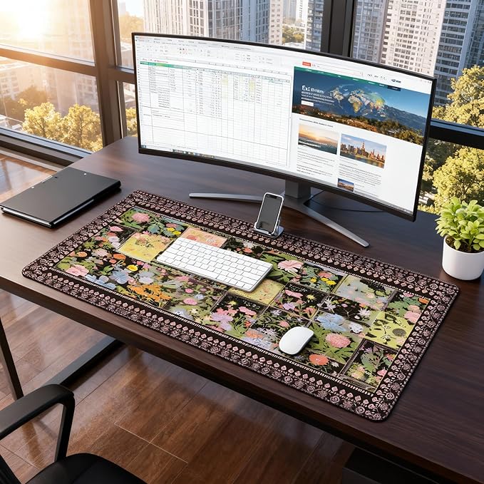 Floral XXL Large Mouse Pad - Anti-Slip Desk Mat with Stitched Edges for Women, Office & Home, Cute Aesthetic Desk Pad for Computer, Keyboard & Laptop