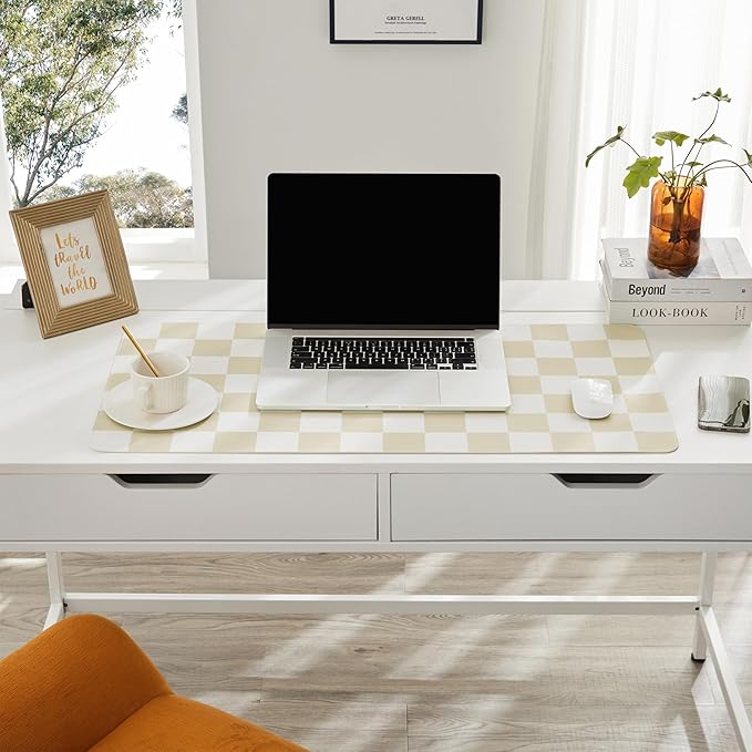 Checkered Desk Mat, Large Cute Aesthetic Retro PU Leather Computer Laptop Desk Mat, Non-Slip Waterproof Mouse Keyboard Pad, Desk Writing Mat for Work/Home (Beige, 23.6" x 13.7")