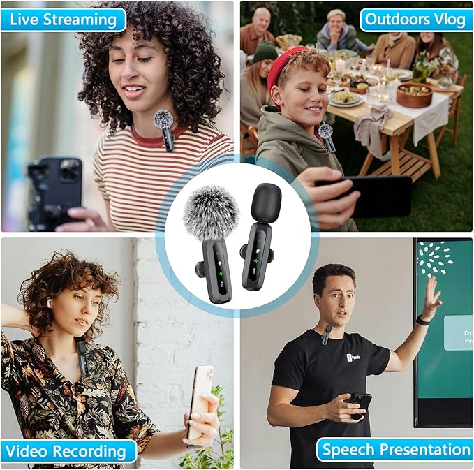 Wireless Microphone Mini Mic for iPhone/Android Phone, LED Display Lavalier Microphone for Video Recording Clip on Lapel Lav Mics Vlog YouTube TikTok