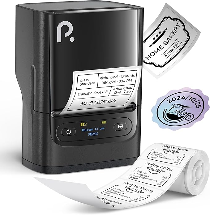POLONO PM220S Label Maker Machine with Tape, 2 Inch Bluethooth Portable Thermal Label Printer for Small Business, Office, Home, Sticker Printer for Phone and PC, Black