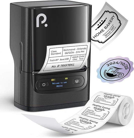 POLONO PM220S Label Maker Machine with Tape, 2 Inch Bluethooth Portable Thermal Label Printer for Small Business, Office, Home, Sticker Printer for Phone and PC, Black