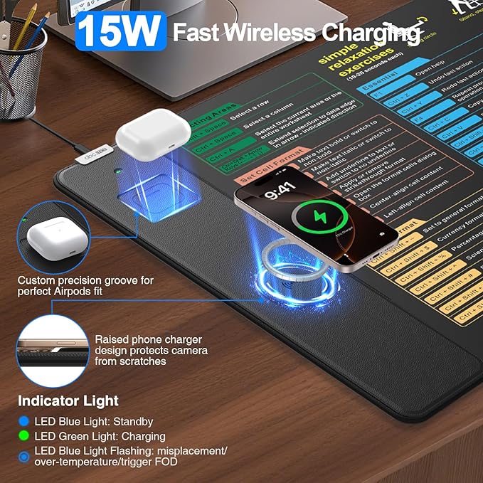 Excel Cheat Sheet Mouse Pad with Magnetic Wireless Charger, 31.5"x15.8" Extended Excel Shortcuts Desk Pad, Waterproof Ultra-Smooth Keyboard Mat, Non-Slip Base