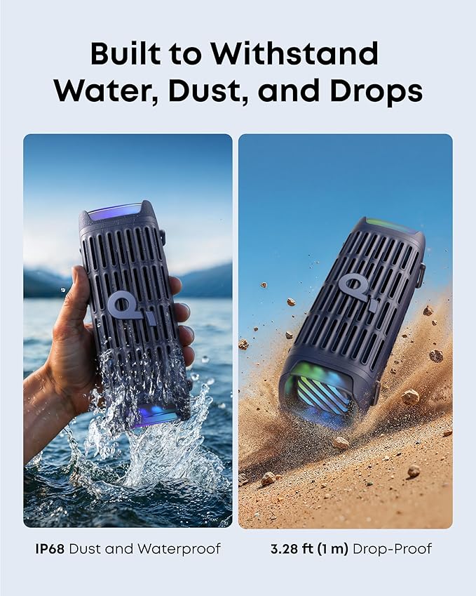 Soundcore Boom 3i by Anker, Compact Outdoor Speaker, IP68 Waterproof, Floating Playback, Saltwater-Resistant, BassUp 2.0, 50W Portable Speaker, Bluetooth 5.3, 16H, TWS, Kayak/Fishing/Camping-Blue