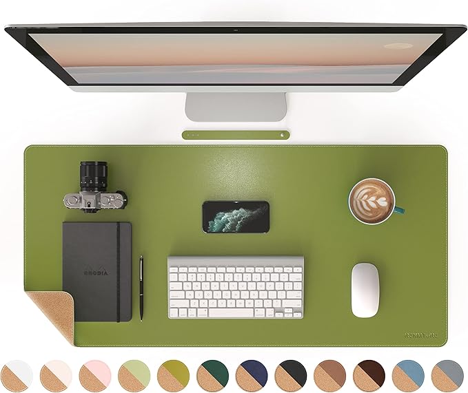 RENMTURE Dual-Sided Mouse Pad, Natural Cork & PU Leather Large Desk Pad for Office and Home Work, Desk Protector Non-Slip, Waterproof, Easy Clean (Olive Green, 36"x17")