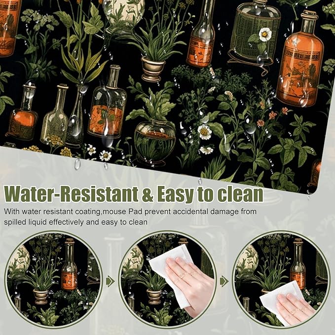 Mystical Green Plants Desk Matt for Desktop, DeskMat Pad, Desk Mat for Keyboard and Mouse, Large Mouse Pad for Desktop, Anti-Slip Stitched Edges Big Mousepad, Mouse Mat for Computer, Botanical Pattern