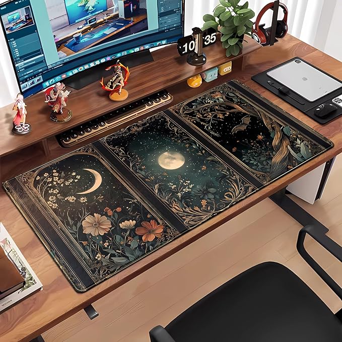 Celestial Lunar Nature Tarot Card Desk Mat 31.5''X15.7'' Dark Green Desk Pad Moon Botanical Floral Large Mouse Pad Extended Gaming Mousepad XXL Keyboard Mouse Mat for Computer Laptop Gamers
