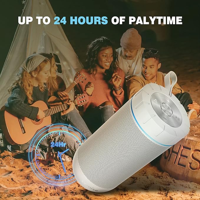 comiso X26 Bluetooth Speaker, IPX4 Waterproof Speakers 360° HD Surround Sound with Punchy Bass, Wireless Dual Pairing, 24H Playtime, Portable Speaker for Shower, Home, Outdoor, Camping, Beach-White