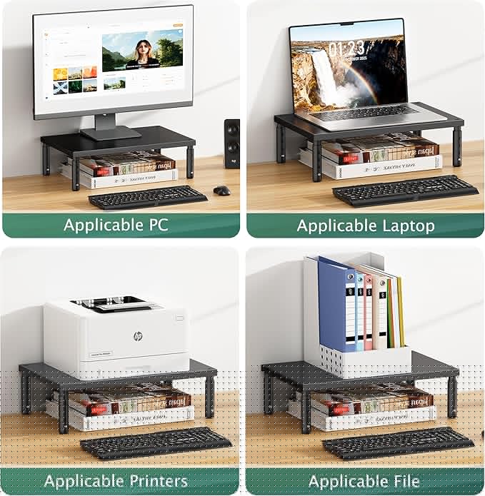 OPNICE Desk Organizers and Accessories, Adjustable Computer Monitor Stand Riser, Laptop Stand for Desk, Office Desk Accessories & Workspace Organizers for Home Office, Black Wood