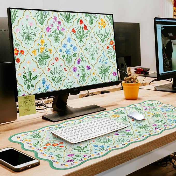 L-SPOUTTO Green Mouse Pad,Botanical Desk Mat XXL Large Scalloped Gaming Mousepad,35.4x15.7in Non-Slip Rubber Base Keyboard Pad Waterproof Desktop Mat for Laptop Computer Game Home Office-Flowers