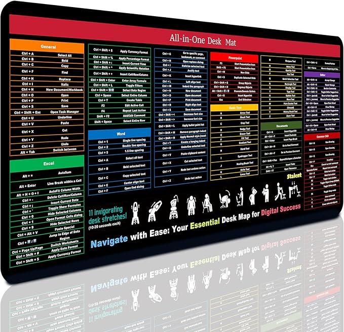 Excel/Word/Power Point Mouse pad Cheat Sheet Desk pad XXL (35.4"x15.7") Non-Slip Office, Gaming Desk Mat Over 200 Shortcuts Computer Desk Mat, Keyboard mat