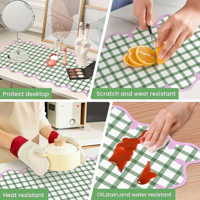 Leather Desk Pad, Desk Mat Mouse Pad, Non-Slip Mousepad Waterproof PU Table Blotter for Computer Laptop Extra Large Keyboard Mat for Women Girl Office Home Dorm, Pink Scalloped +Dark Green Checkered