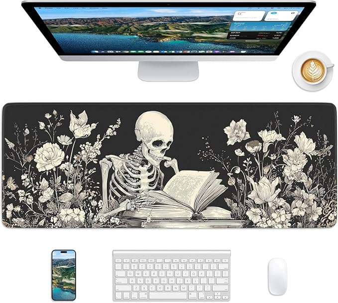 Skull Mouse Pad, 31.5 x 11.8 Large Desk Mat with Stitched Edges & Non-Slip Base, Mousepad for Office, Home, Work, White Skull