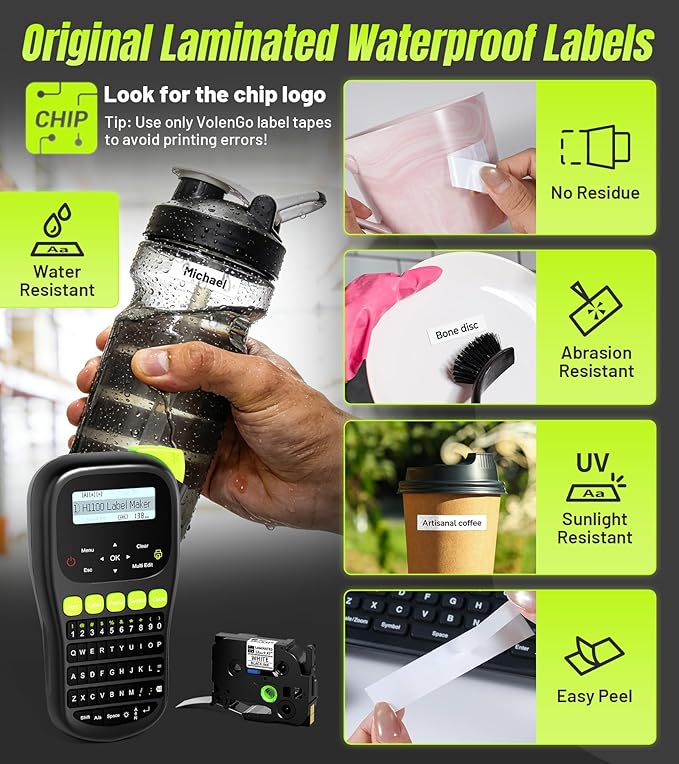 Label Maker Waterproof-Labels, Wire Label Maker Machine with 4 Tapes, Laminated Handheld Label Printer, Backlit & Portable & 3 Cable Modes, H1100 Labeler for Industrial Office Organization