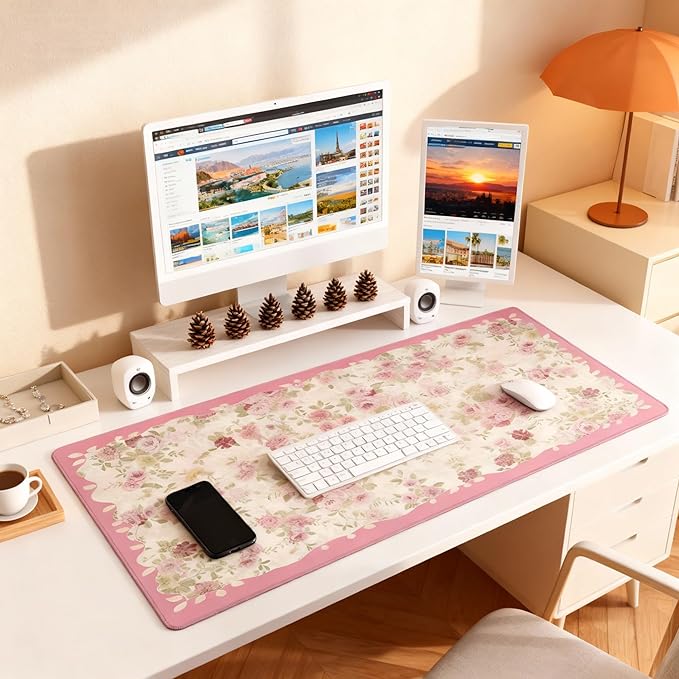 Aesthetic Floral Desk Pad for Women, Pink XXL Large Mouse Pad with Stitched Edges, Non-Slip Office & Home Desk Mat for Computer, Keyboard, Cute Office Decor & Supplies