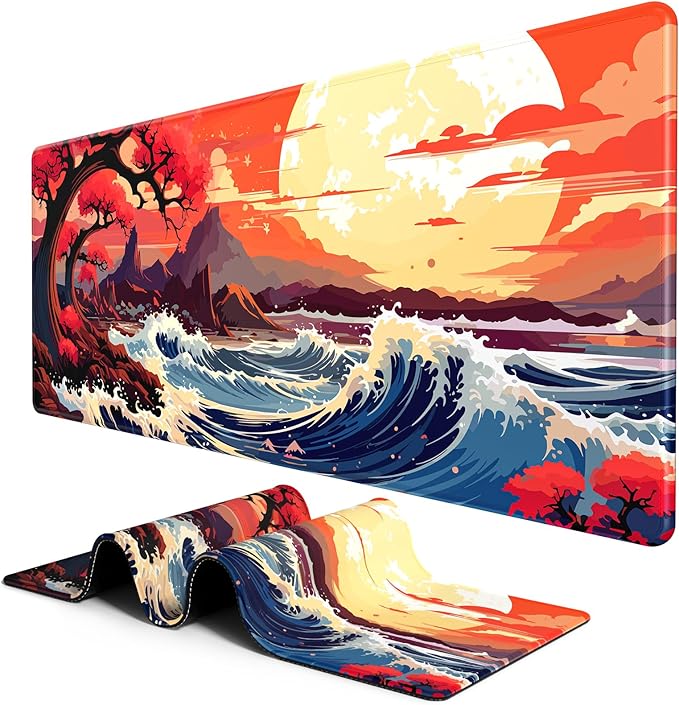 BOSOBO Large Desk Mat, Extended Gaming & Office Home Mat, Long Keyboard Mat, Desktop Full Cover 31.5 x 11.8 Inches, Anime Japan Kanagawa Wave