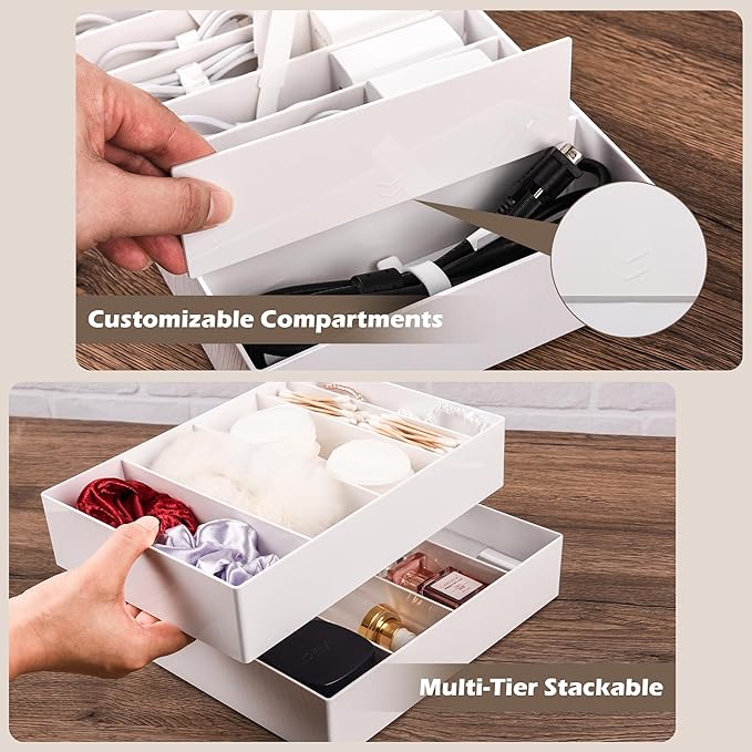 Cable Organizer Box with Wire Ties and Labels, Charger Cable Cord Storage Organizer with Adjustable Compartments, Desk Accessories Storage for Home, Office, Stackable（2Pcs）