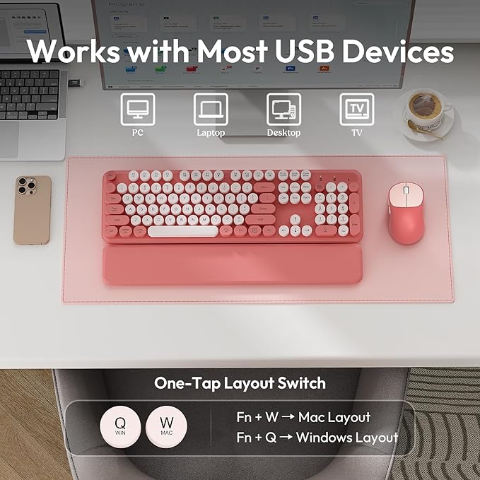 Wireless Keyboard and Mouse Combo, Typewriter Keyboard with Magnetic Wrist Rest, Full-Size Cute Round Keycaps, Sleep Mode, 2.4G Keyboards for Mac/Windows/PC, Office or Home, Trueque CK23Pro